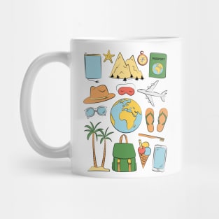 Retro wanderlust traveling art. Cheerful vintage traveler illustration. Mug